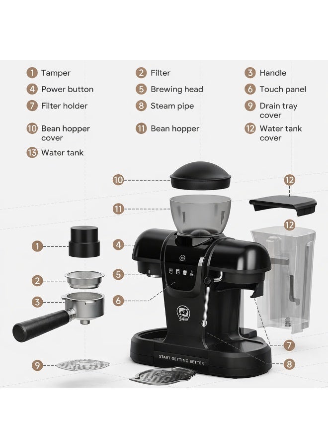 i cafilas Semi-Automatic Espresso Machine with Grinder – 19 Bar Pressure, Touch Control, Steam Wand, Stainless Steel Coffee Maker for Home & Office - Image 2